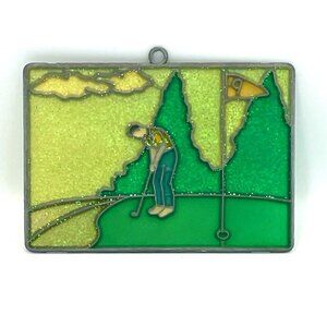 Vintage Stained Glass Golf Sun Catcher Glittery Golfer Hole 9 Flag
